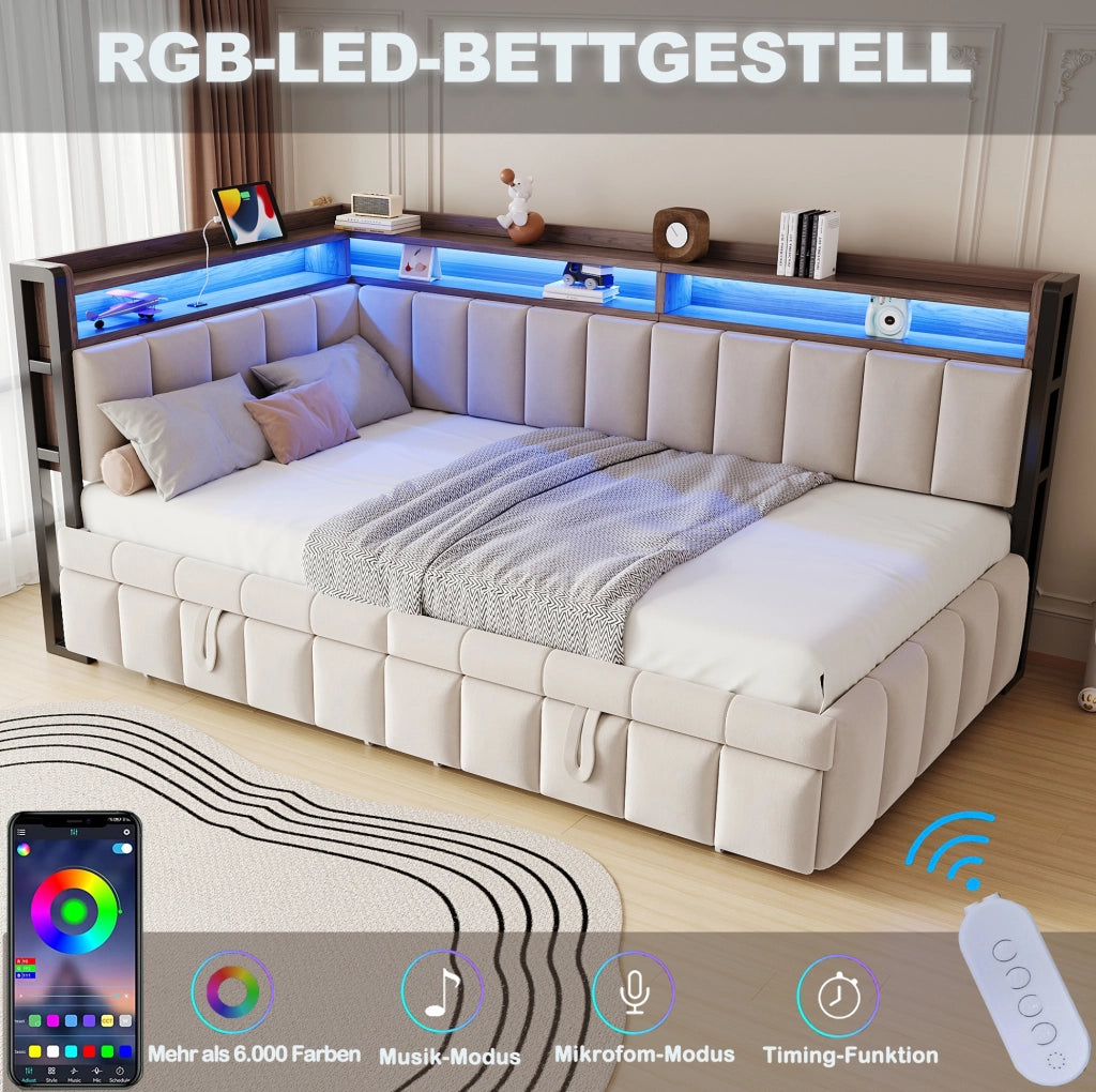 Divano letto estraibile 90 x 200 cm in velluto beige con LED e prese USB e tipo C