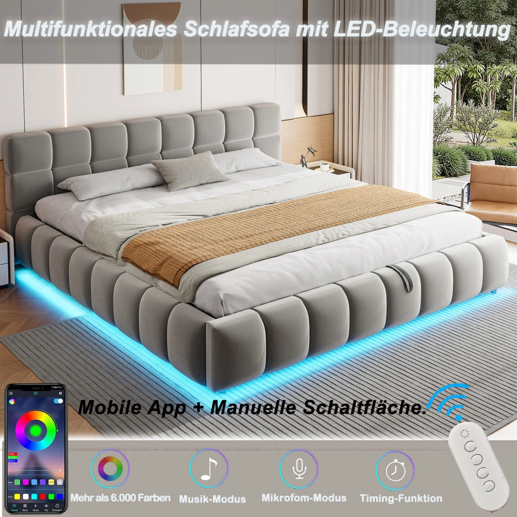 Letto imbottito 180x200 cm con illuminazione LED, contenitore idraulico e testiera in velluto grigio