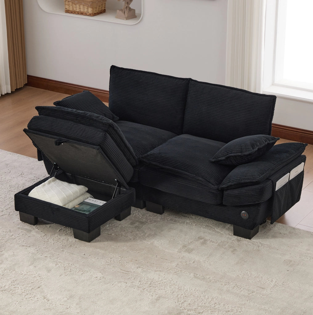 Divano 2 posti 190x132x84 cm con pouf contenitore, cuscini inclusi, USB-C e tasche laterali in tessuto a coste nero