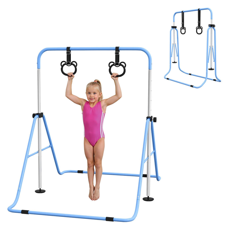Barra da ginnastica per bambini pieghevole con anelli altezza regolabile blu per casa