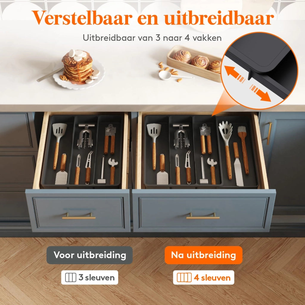 Contenitore estraibile per posate, 4 scomparti, colore nero, dimensioni da 30 a 44 cm