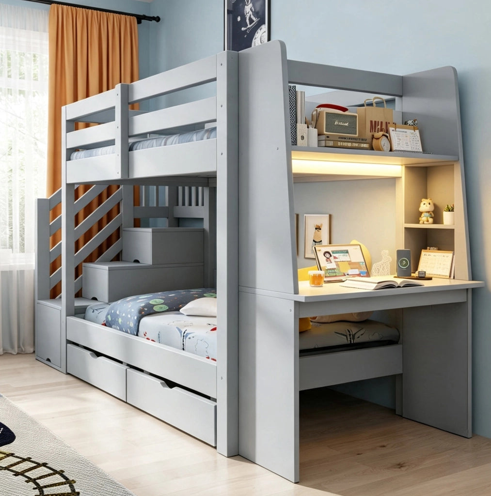 Letto a castello 90x200 con scrivania LED e cassetti grigio