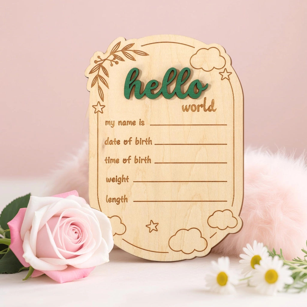 Segnaletica in legno per annunciare una gravidanza, scritta "Hello World", dimensioni 15x10,5 cm