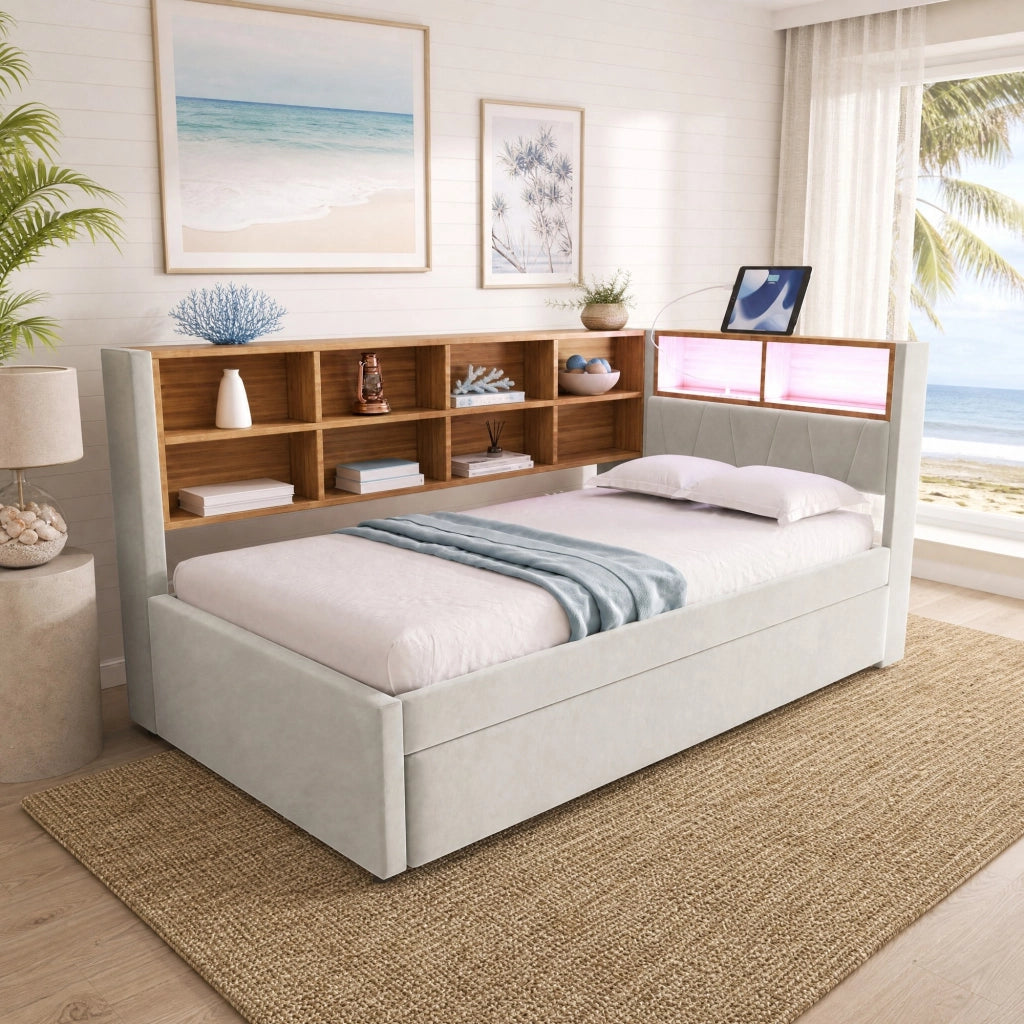Divano letto singolo multifunzionale 90x200 cm con letto estraibile 90x190 cm, tessuto in flanella grigio chiaro, con luci LED e prese di ricarica