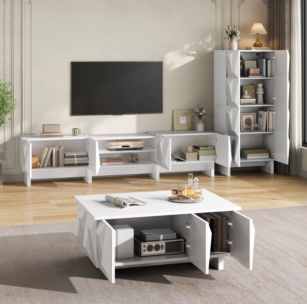 Set di mobili da soggiorno bianco con frontali 3D, 3 pezzi