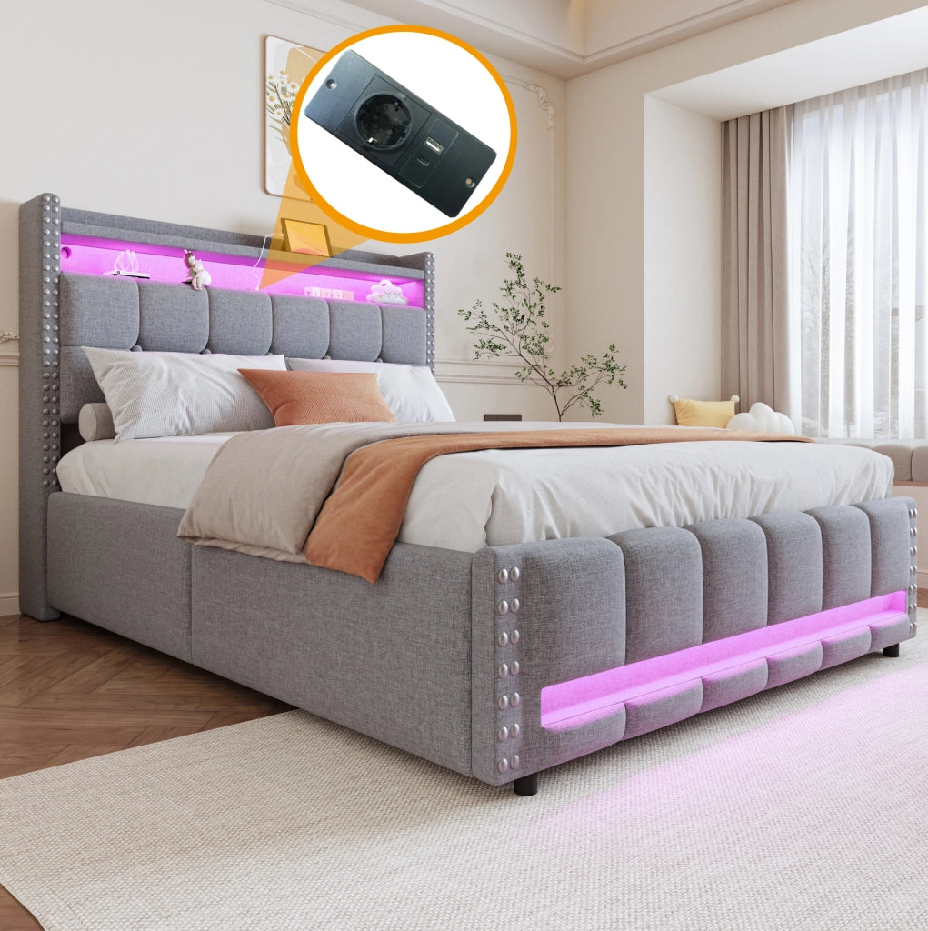 Letto imbottito 140 × 200 cm con contenitore idraulico; LED e presa USB; lino grigio chiaro