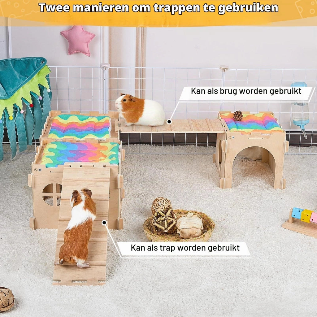 Habitat per porcellini d'India con scale e tappetini, castello in legno extra large per piccoli animali, nascondigli rimovibili, più porte e finestre