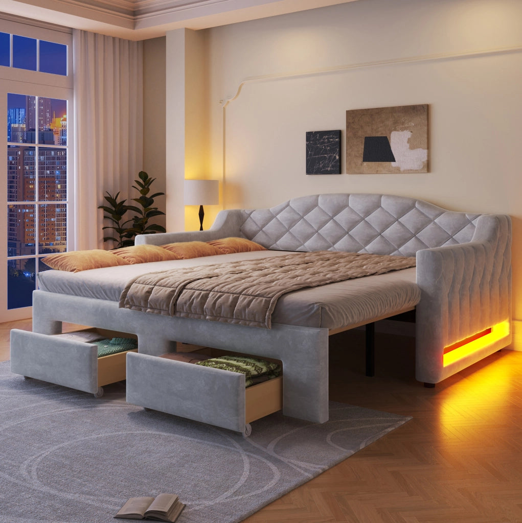 Letto singolo estraibile 90x200-180x200 cm con 2 cassetti e LED; grigio