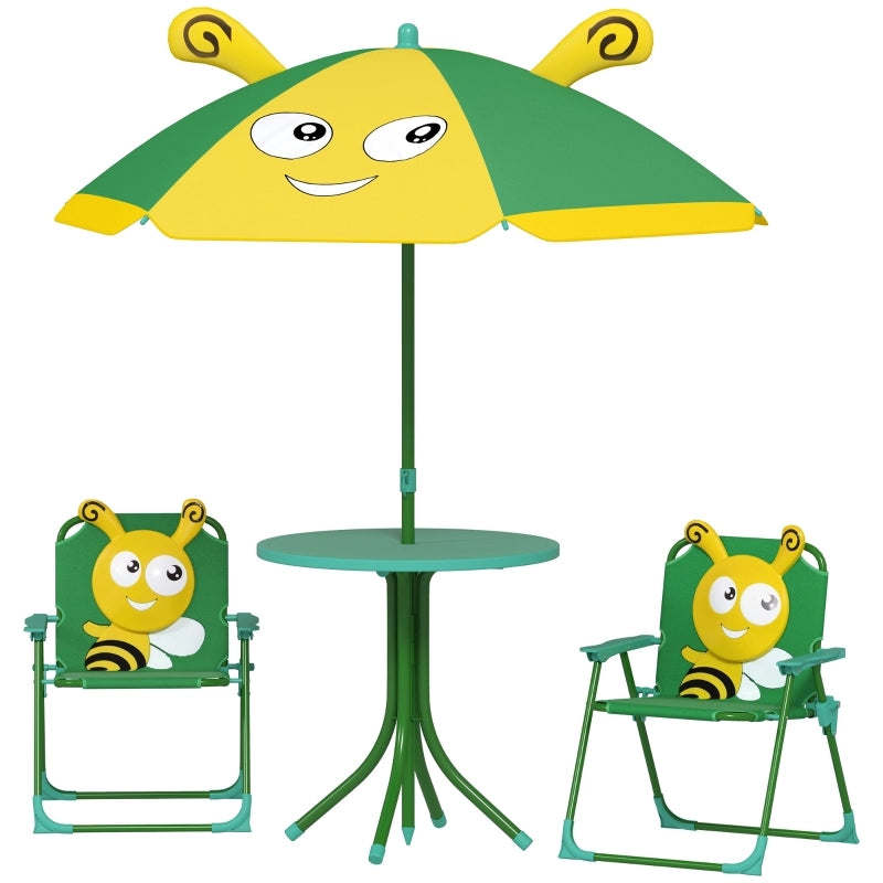 Set mobili da giardino per bambini, tavolo, sedie e ombrellone, design ape, verde e giallo