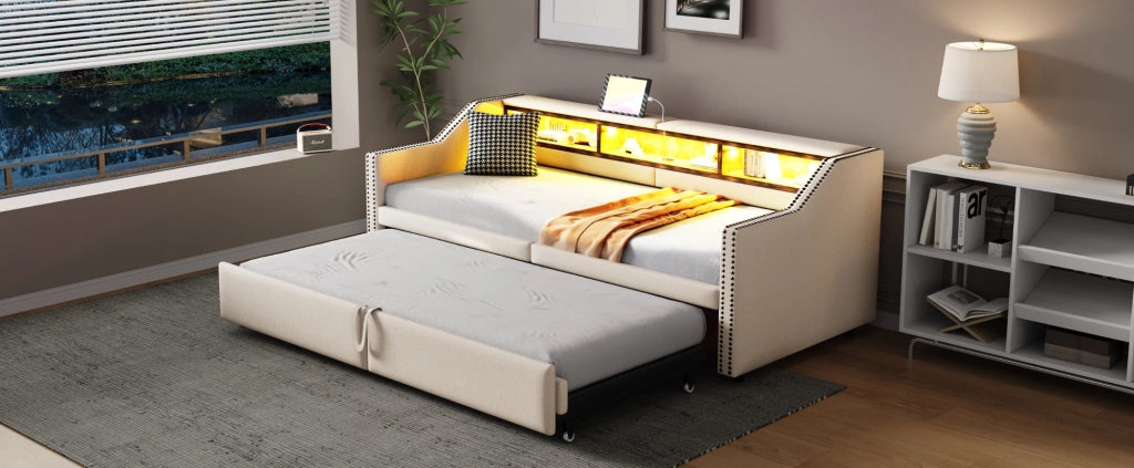 Divano Letto Estraibile 90/180 x 200 cm in Tessuto Beige con Luce LED, Porta USB e Rete a Doghe