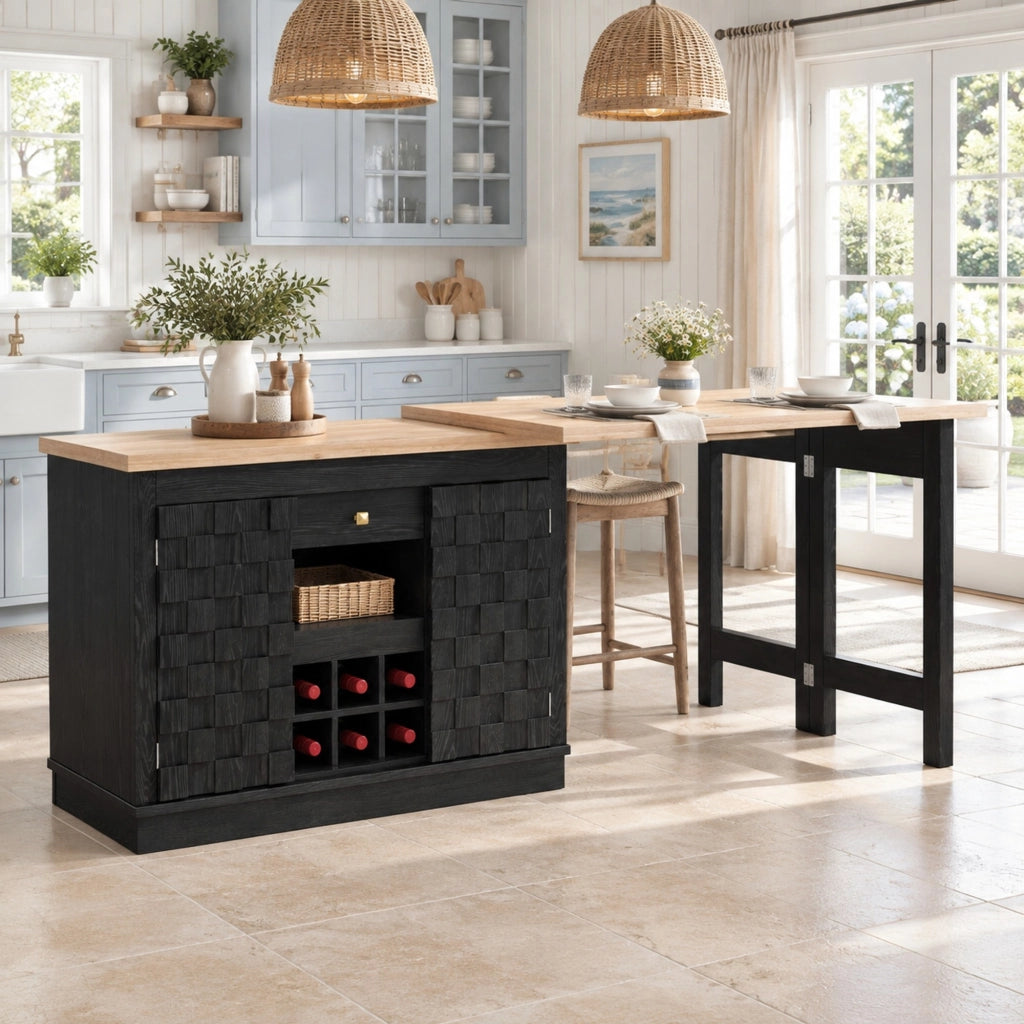 Isola da cucina girevole 120–197 × 40 × 74,2 cm con tavolo estraibile porte patchwork e portabottiglie nero