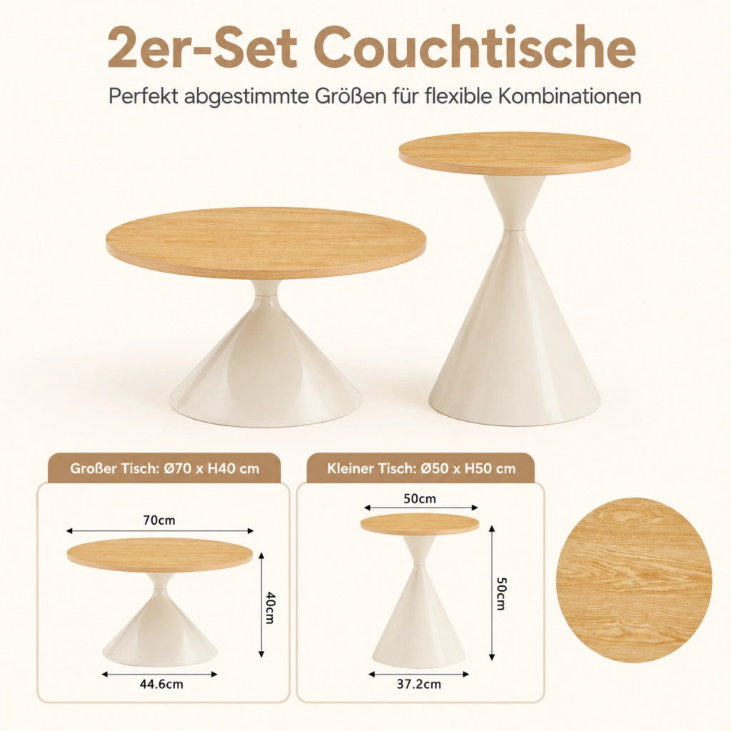 Tavolini da salotto set di 2 rotondi Ø 70 × 40 cm e Ø 50 × 55 cm in MDF e metallo bianco effetto legno
