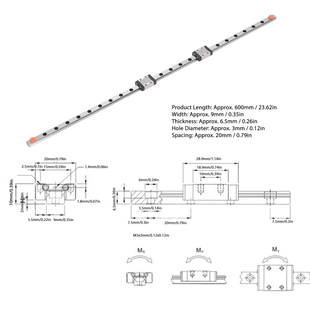 Guida lineare MGN9, lunghezza 600 mm, con 2 blocchi MGN9C