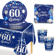 Set di stoviglie per compleanno, composto da 53 pezzi, color blu e argento, per 16 persone