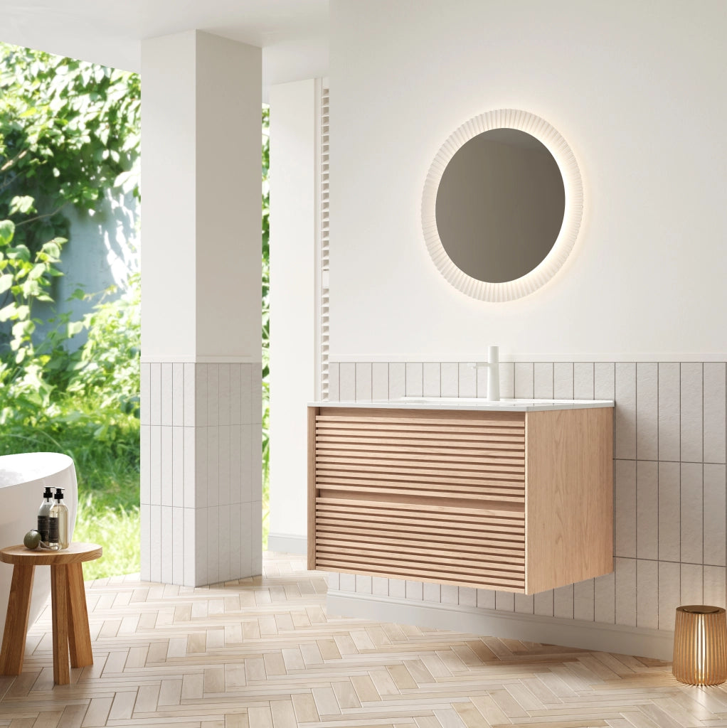 Mobile lavabo bagno sospeso 81 cm ceramica bianca e compensato noce, 2 cassetti