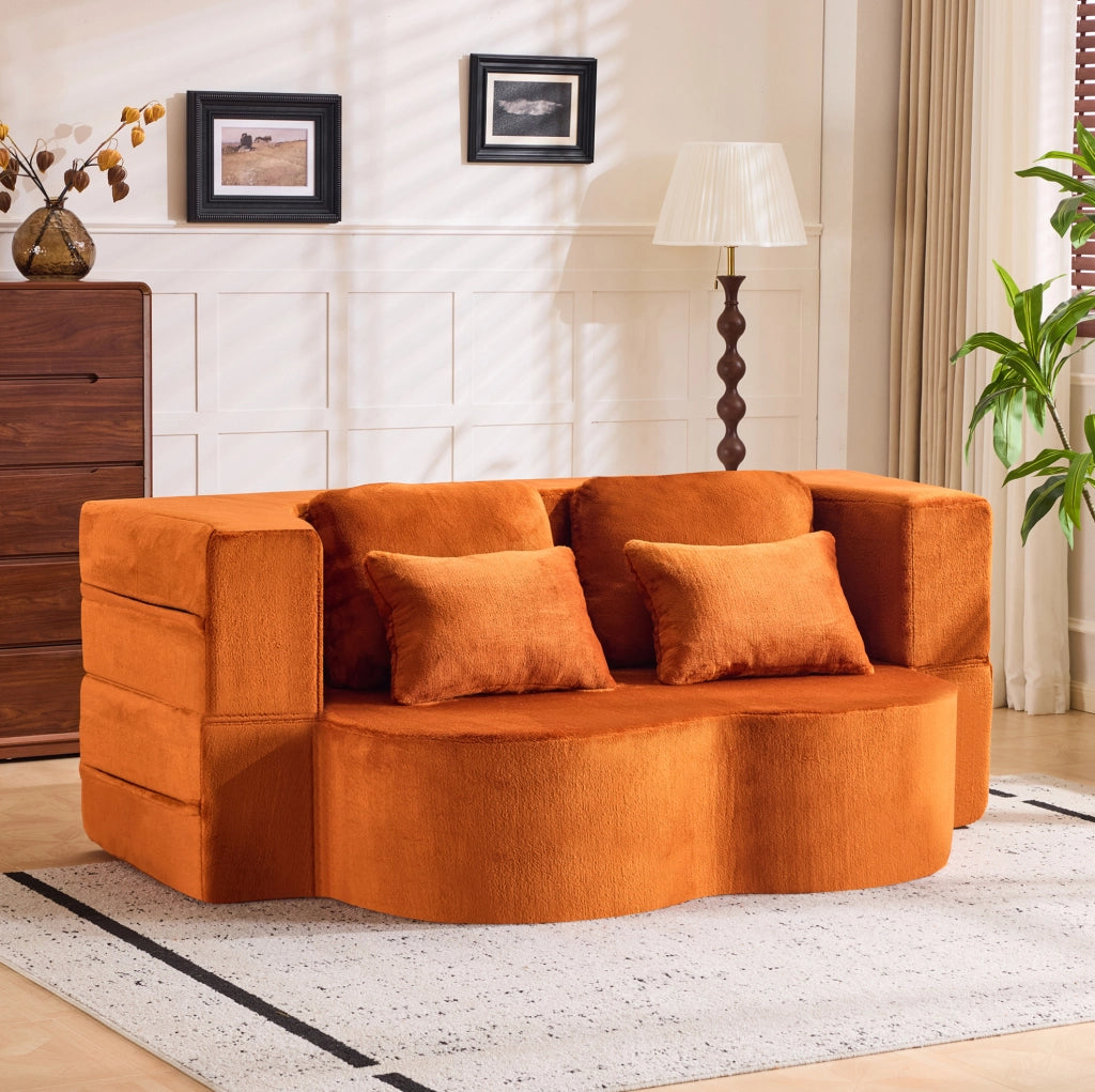 Divano letto da pavimento pieghevole in peluche arancione con schiuma e 4 cuscini