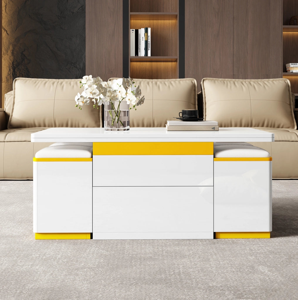 Tavolino elevabile 100x50x43 cm in MDF e PB bianco e giallo con vani