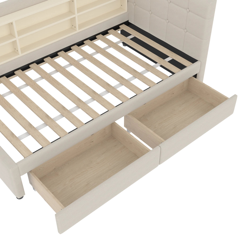 Letto da giorno 90x200 beige in lino con 2 cassetti, USB-C e materasso