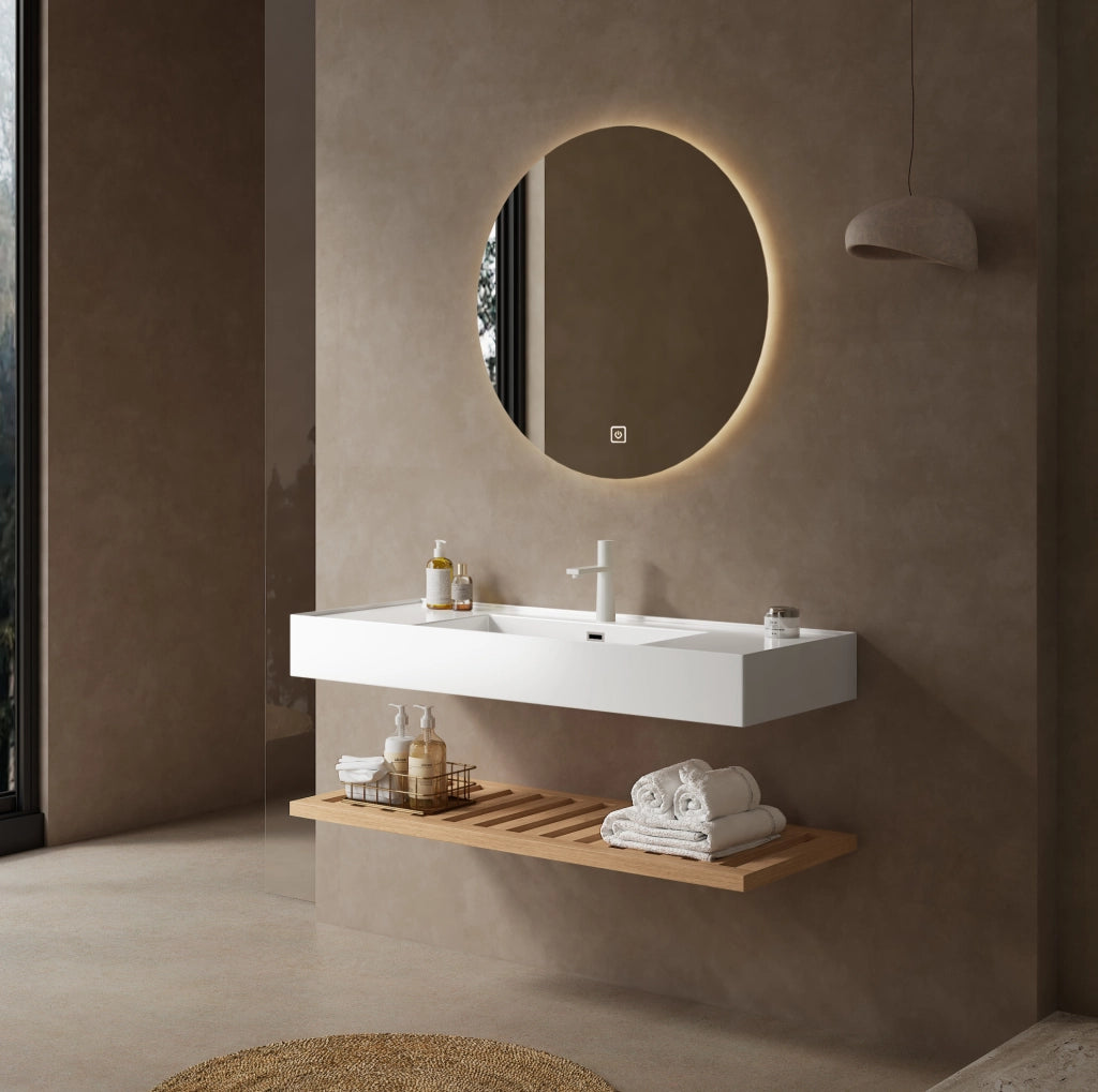 Mobile bagno sospeso 120 cm con lavabo acrilico bianco e ripiani effetto legno naturale