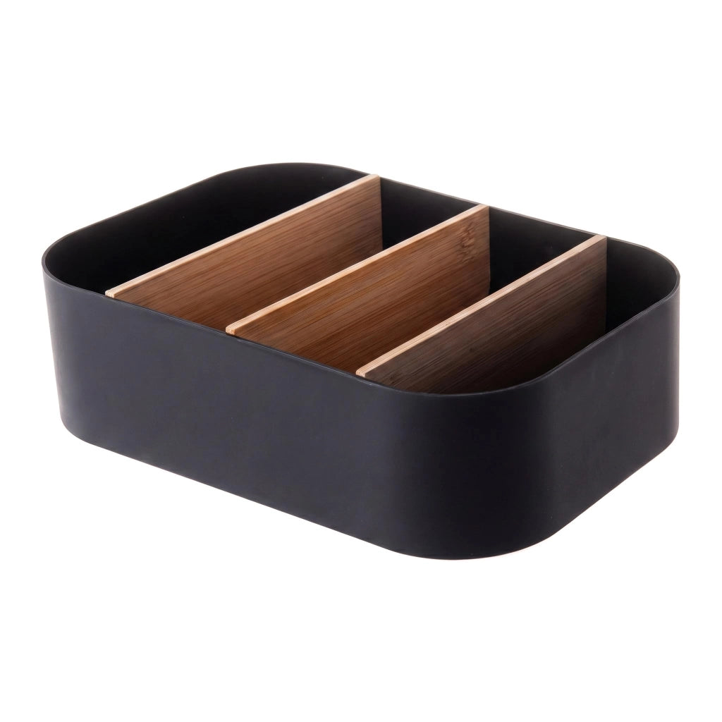 Contenitore con 4 scomparti, in plastica e bambù, dimensioni 23,7x16,5x8,2 cm, colore nero