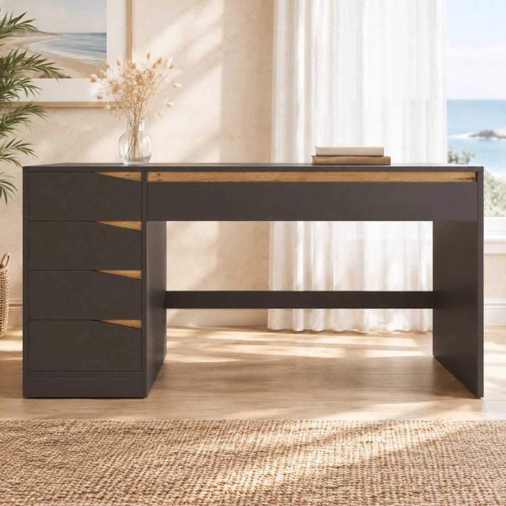 Scrivania grigia e rovere 140 x 50 cm in MDF con 5 cassetti
