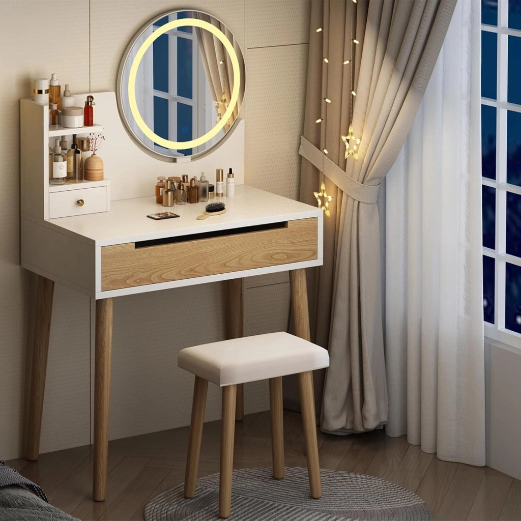 Toilette Moderna con Specchio LED e Sgabello - 2 Cassetti - 3 Modalità di Illuminazione Regolabili per Camera