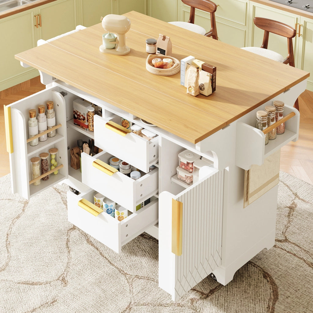 Isola cucina su ruote con piano estensibile e 3 cassetti