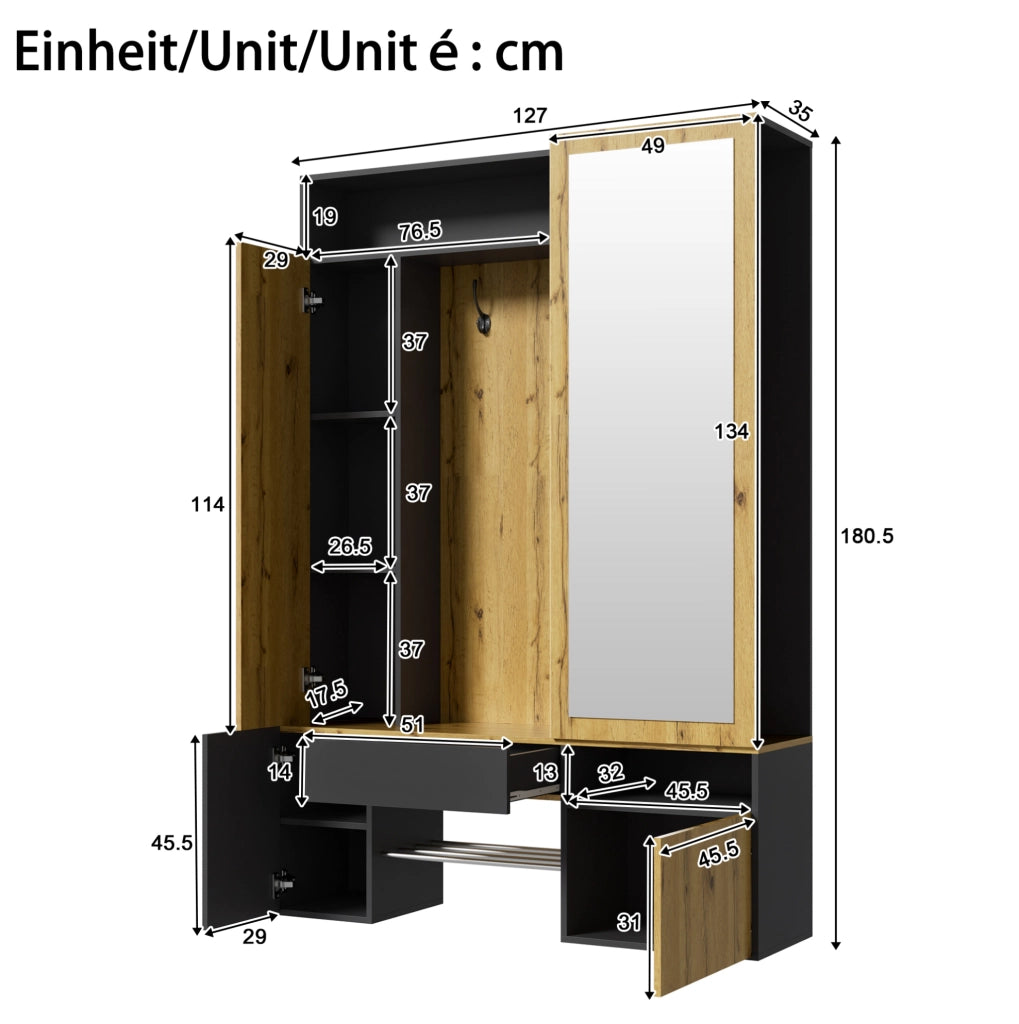 Mobile da ingresso in MDF con specchio e scarpiera nero e naturale