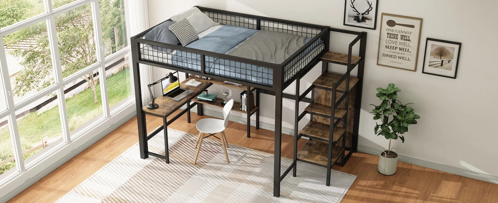 Letto a soppalco 140x200 cm in ferro con scrivania, scaffali e armadio integrato, nero