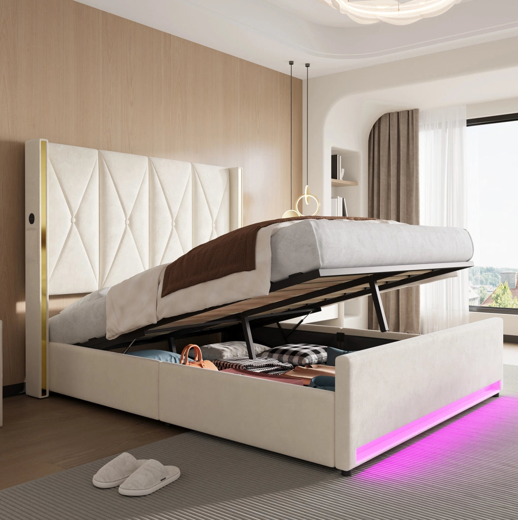 Letto contenitore matrimoniale 160x200 cm; con sollevamento idraulico; porte USB e Type-C; luce LED; in velluto beige; senza materasso