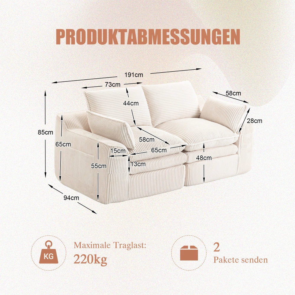 Divano 2 posti modulare in velluto a coste beige con cuscini e tasche laterali per casa e soggiorno 191*94*85cm