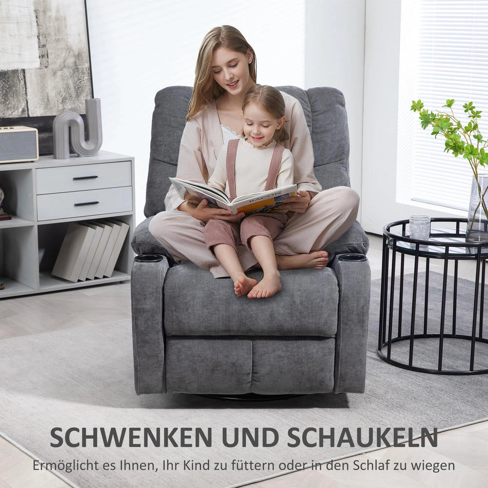 Poltrona relax reclinabile girevole con poggiapiedi, telaio in acciaio, grigio scuro, 88x96x108cm, fino a 150 kg