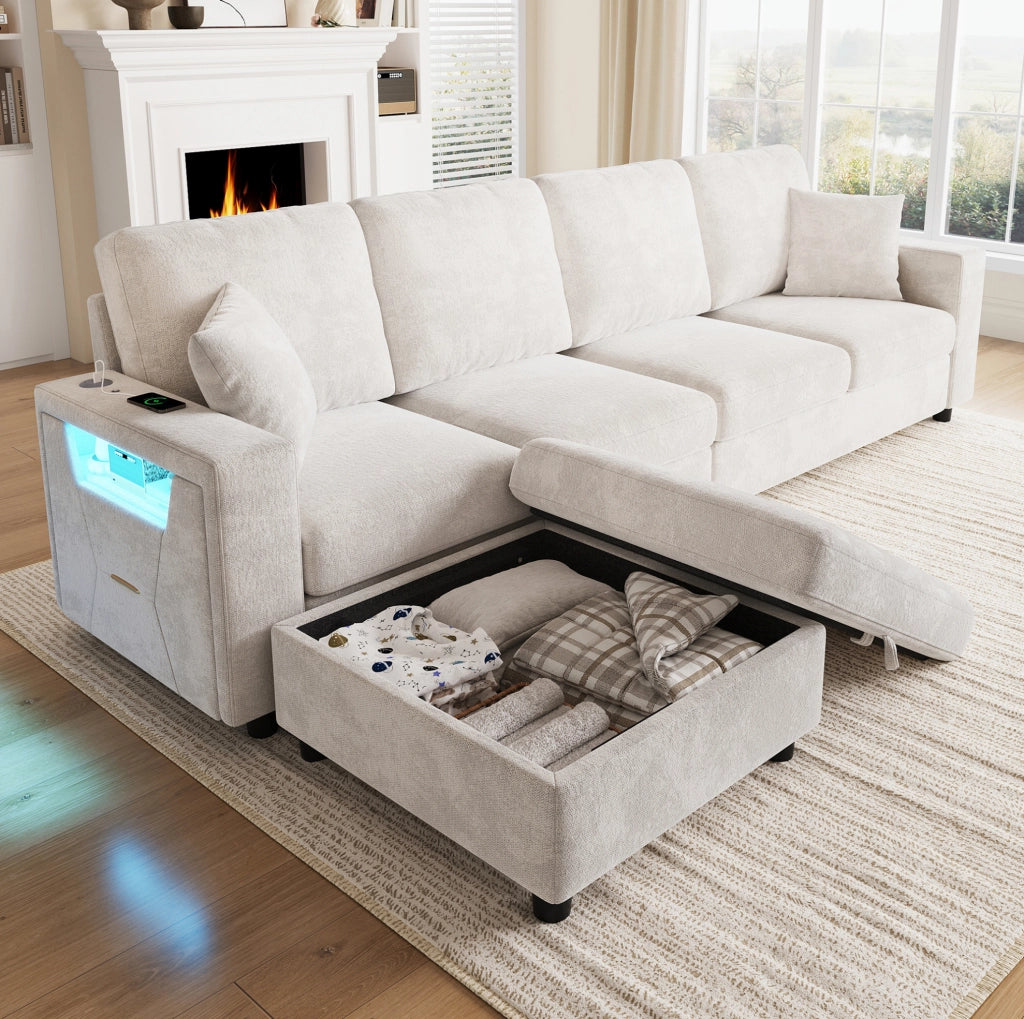 Divano Angolare Modulare 4 Posti in Poliestere 282 x 153 x 82 cm - LED USB e Type-C Beige
