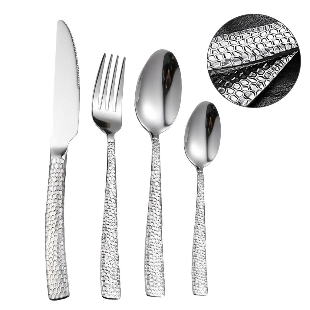 Set di posate in acciaio inossidabile martellato, composto da 24 pezzi, per 6 persone, colore argento