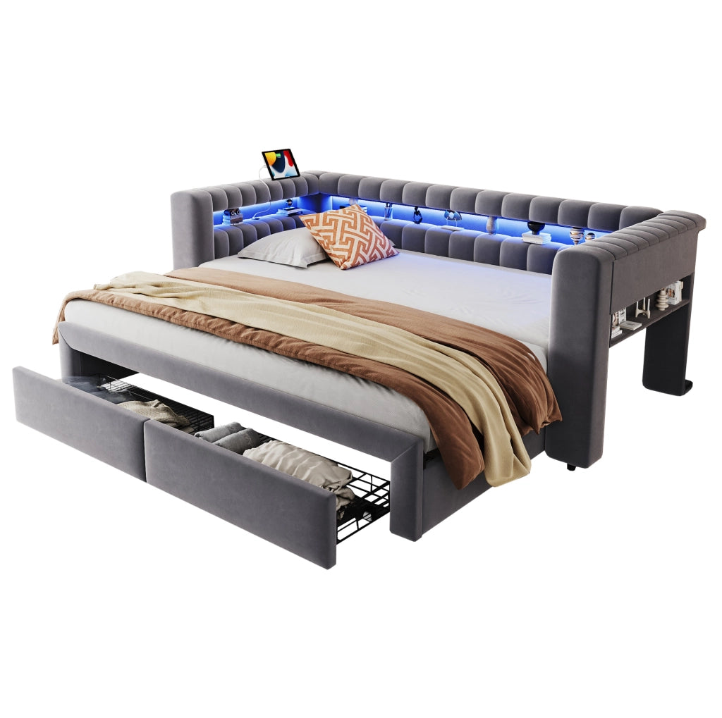 Divano letto estraibile 90/180 x 190 cm in velluto grigio con LED e USB