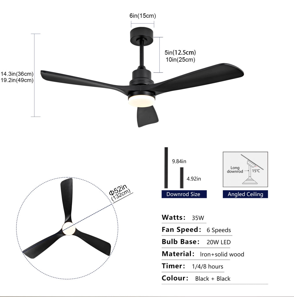 Ventilatore da soffitto 52 pollici nero con luce regolabile e telecomando