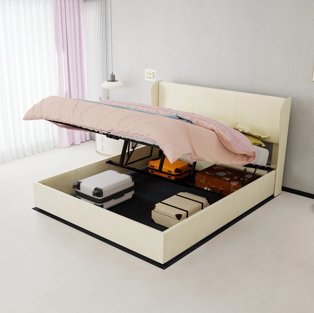 Letto Imbottito Moderno 160x200 cm Beige con Contenitore e Meccanismo a Gas, Testata Morbida e Design Minimalista