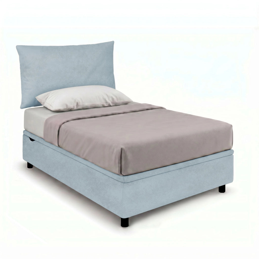 Letto Singolo Contenitore Imbottito 80x190 cm Microfibra Azzurro BoxMax Testata Soft