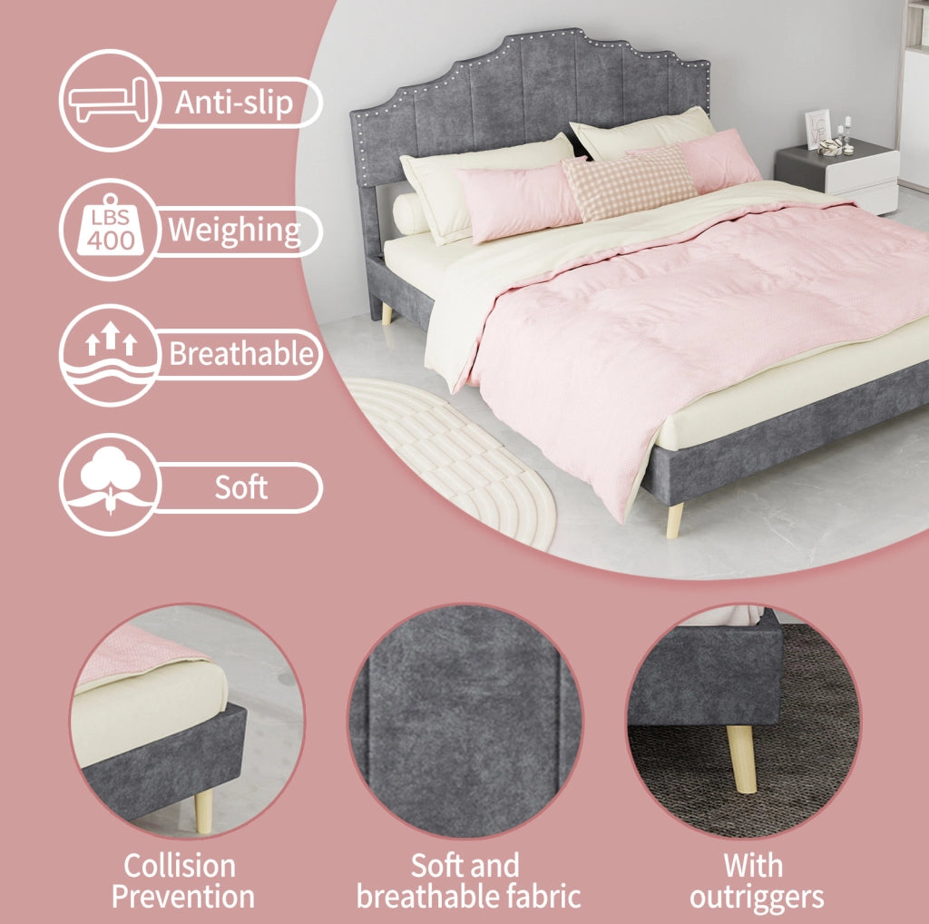 Letto moderno minimalista 160x200 cm con testiera morbida grigia e materasso incluso