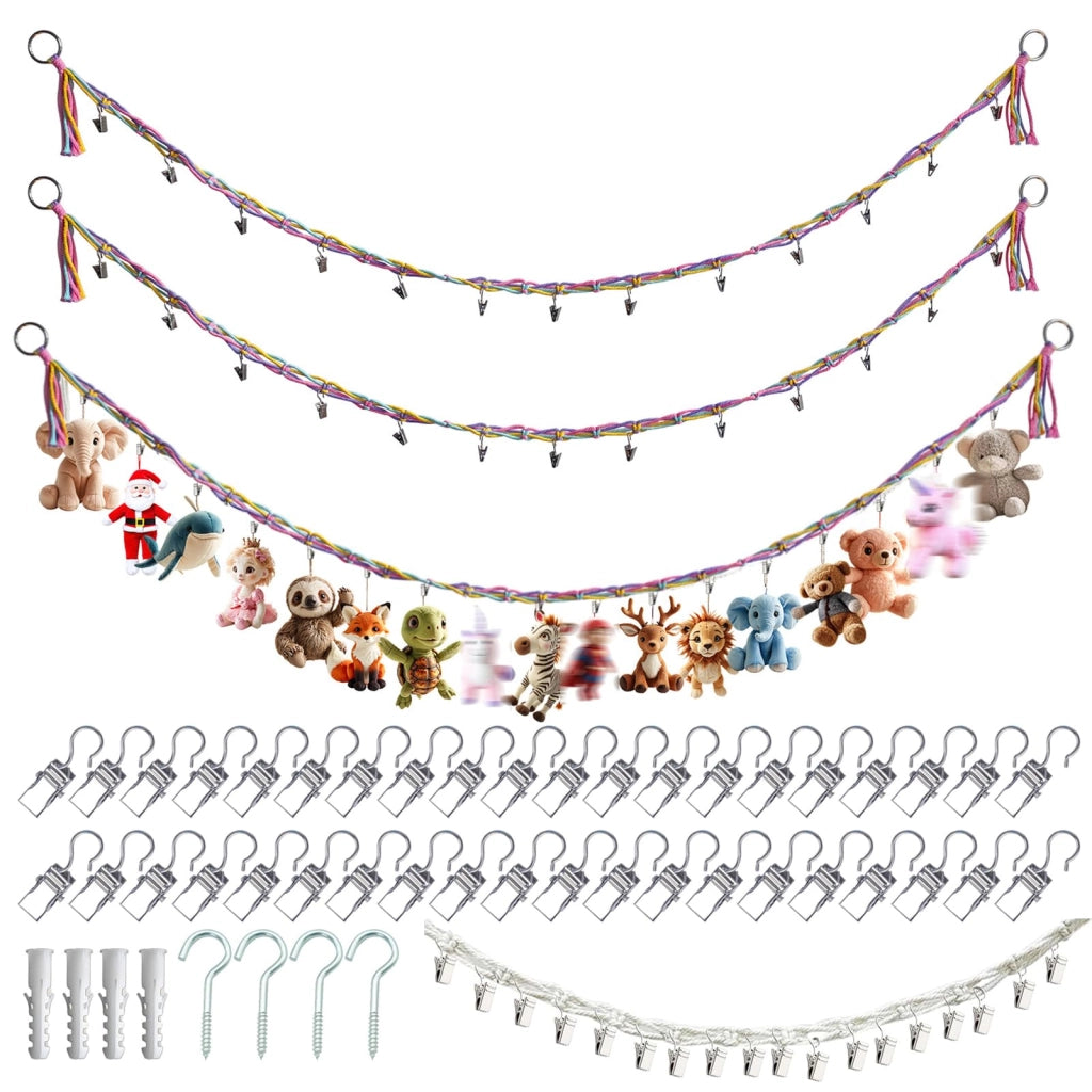 Rete per riporre i peluche, confezione da 2 pezzi, lunghezza 2 metri, con 40 clip