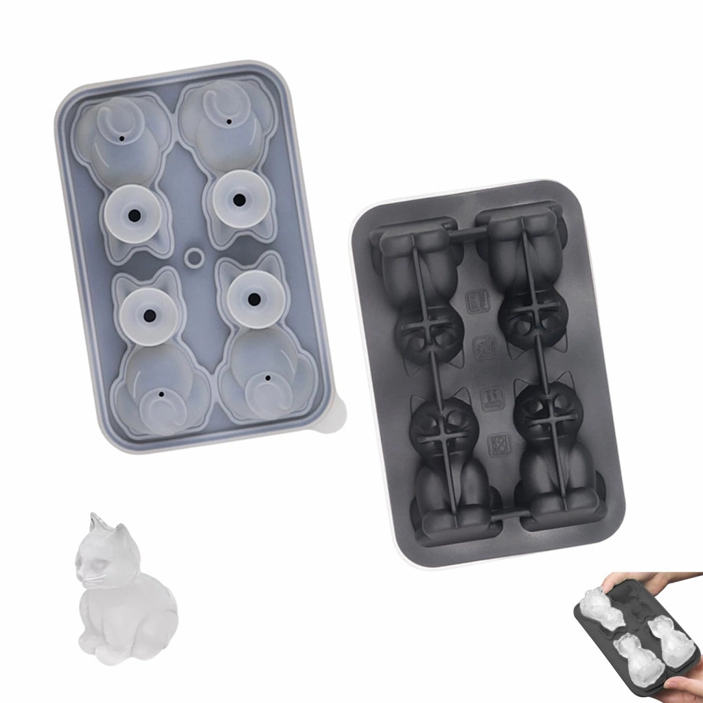 Stampo per cubetti di ghiaccio a forma di gatto, 3D, confezione da 4, in silicone, colore nero