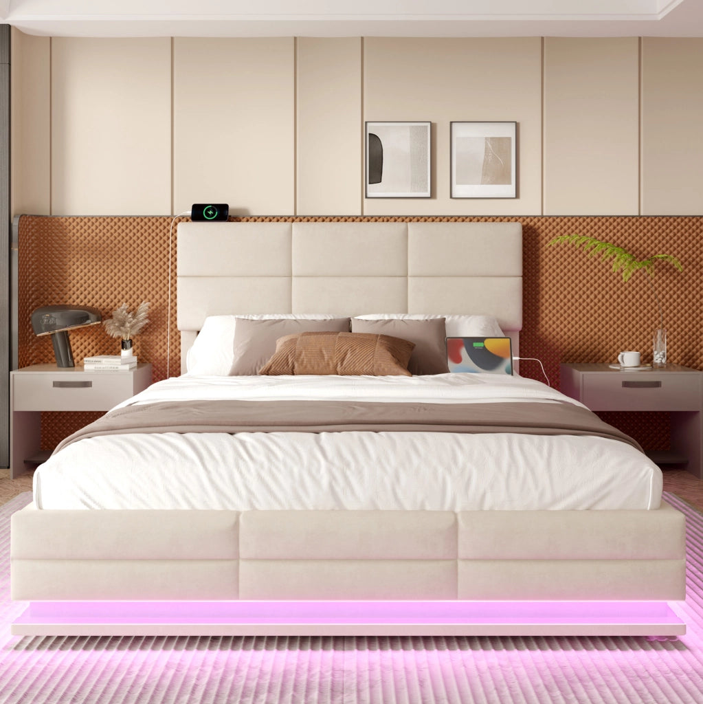 Letto contenitore beige 180 x 200 cm in velluto con testiera regolabile