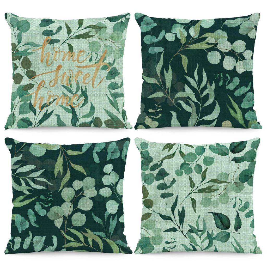 Cuscini decorativi, set da 4, 45x45 cm, in lino, con motivo di foglie verdi