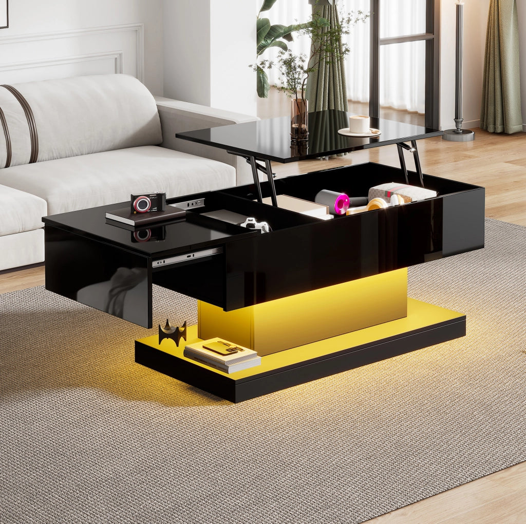 Tavolino elevabile 100x50x45 cm nero con LED e vano contenitore