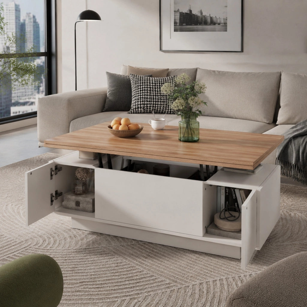 Tavolino da caffè sollevabile 100 x 50 cm bianco e legno, doppio piano