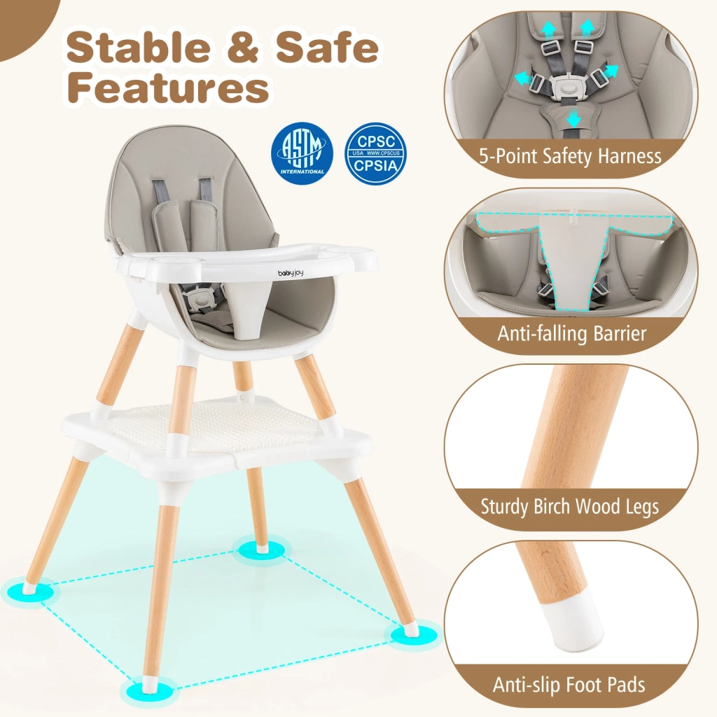 5-in-1 Baby Wooden Convertible High Chair -Gray