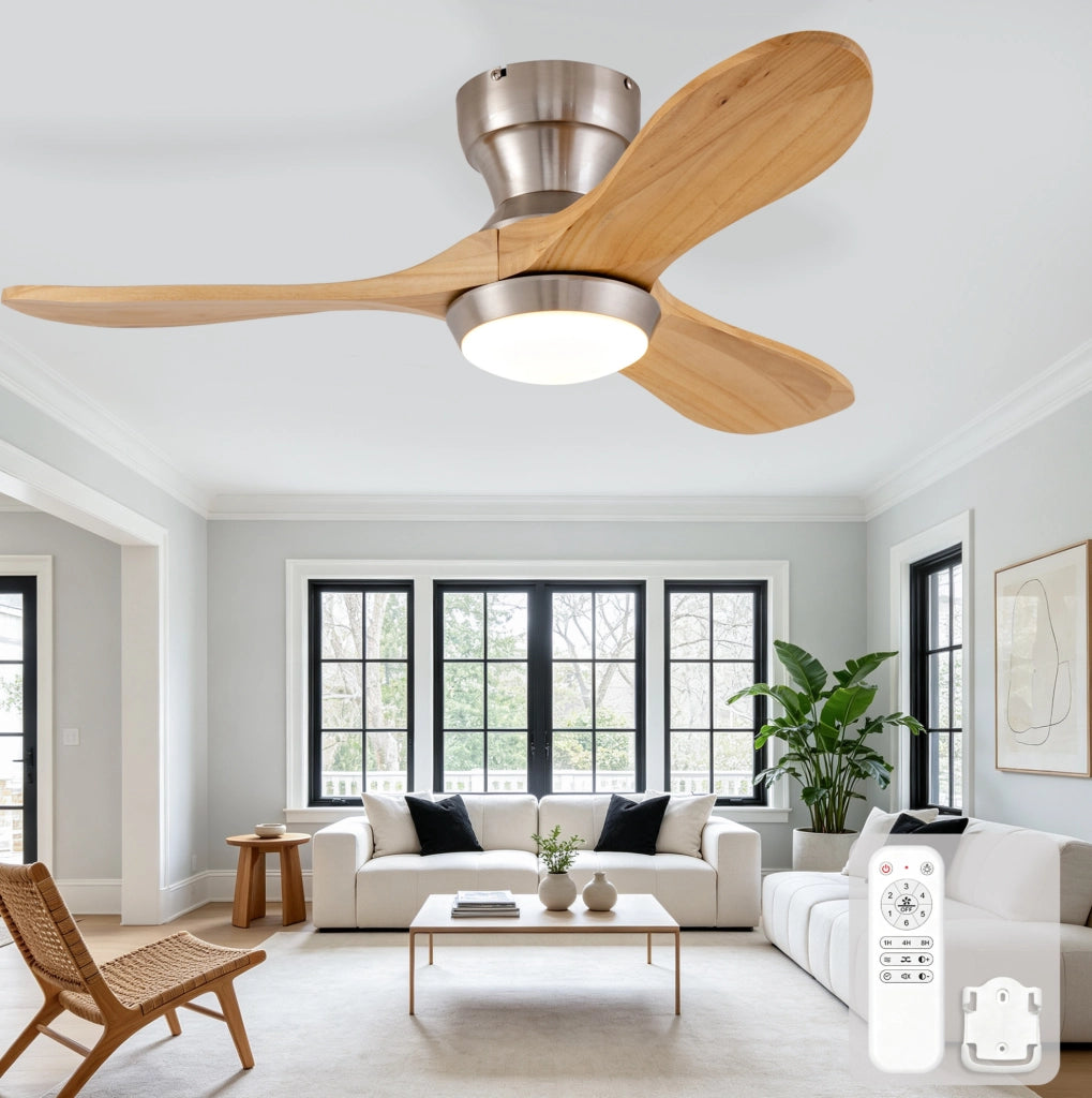 Ventilatore da soffitto a 3 pale in legno massello, senza luce
