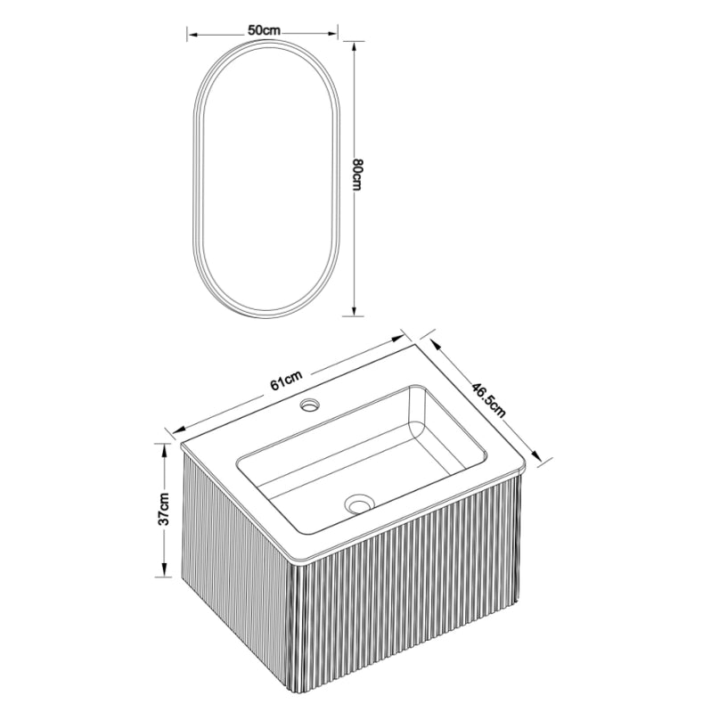 Mobile bagno sospeso con lavabo integrato in pietra sintetica, armadietto rigato con cassetto 60 cm e specchio ovale 50×80 cm a LED con antiappannamento, colore rovere