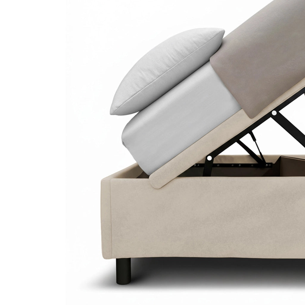 Letto Singolo Contenitore Imbottito 80x190 cm Microfibra Sabbia BoxMax Testata Vertical