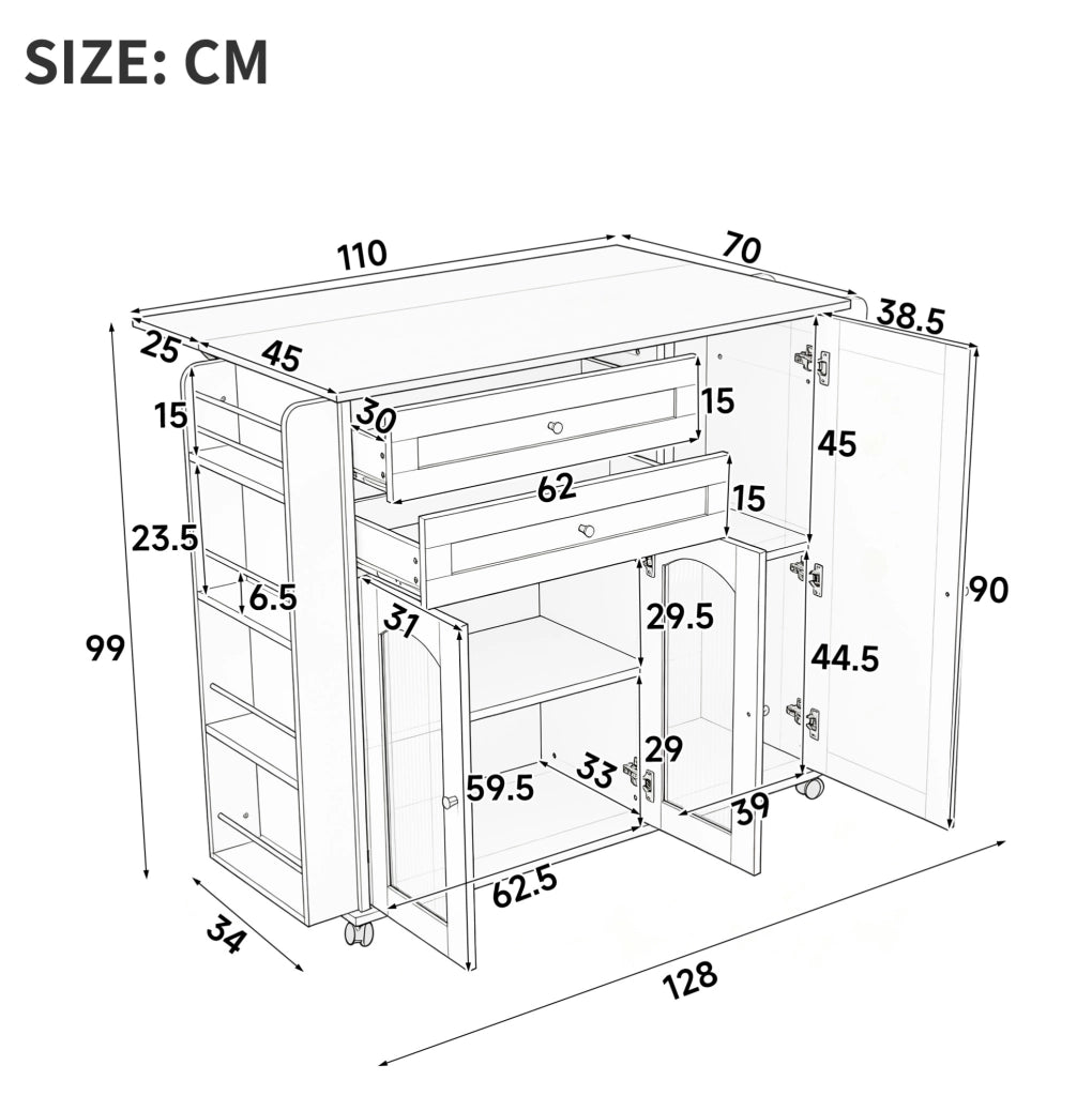 Isola da cucina mobile 110 cm con piano lavoro ribaltabile, carrello su ruote con 2 cassetti, ante in vetro e ripiani laterali, bianco e naturale